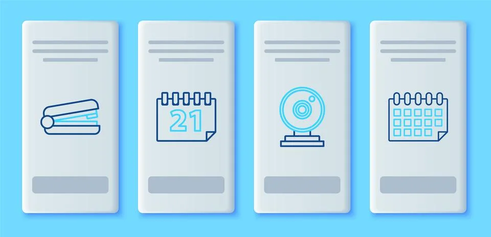 Set line Calendar, Web camera, Office stapler and  icon. Vector Stock Illustration