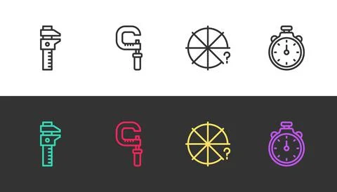 Set line Calliper or caliper and scale, Micrometer, Circle of pieces and Stock Illustration
