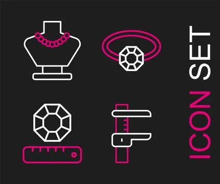 Set line Calliper or caliper and scale, Gem stone, Diamond engagement ring and Stock Illustration