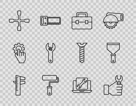 Set line Calliper or caliper and scale, Wrench spanner, Toolbox, Paint roller Stock Illustration