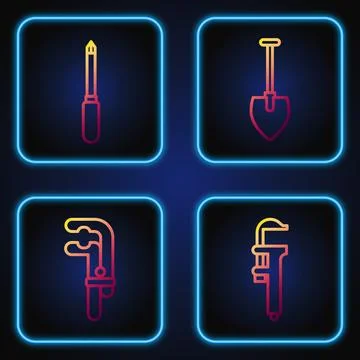 Set line Calliper or caliper and scale, Clamp tool, Screwdriver and Shovel Stock Illustration