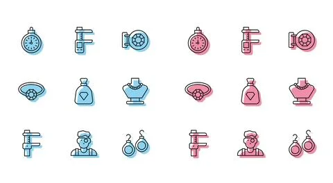 Set line Calliper or caliper and scale, Jeweler man, Pocket watch, Earrings.. Stock Illustration