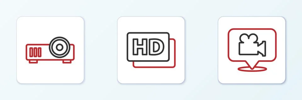 Set line Camera and location, Media projector and Hd movie, tape, frame ico.. Stock Illustration