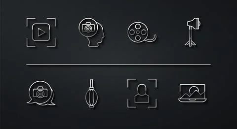 Set line Camera focus frame line, Photo camera, Studio light bulb softbox, Dust 스톡 일러스트