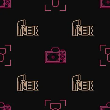 Set line Camera focus frame line, Photo camera and on seamless pattern. Vector イラスト素材
