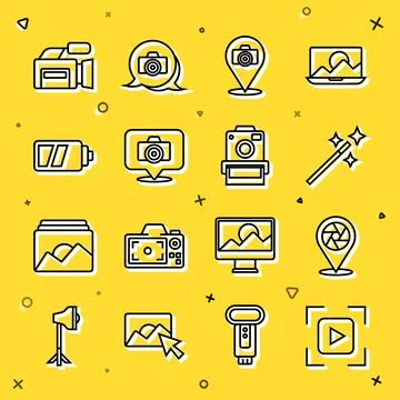 Set line Camera focus frame line, shutter, Photo retouching, camera, Battery for Illustrazione stock