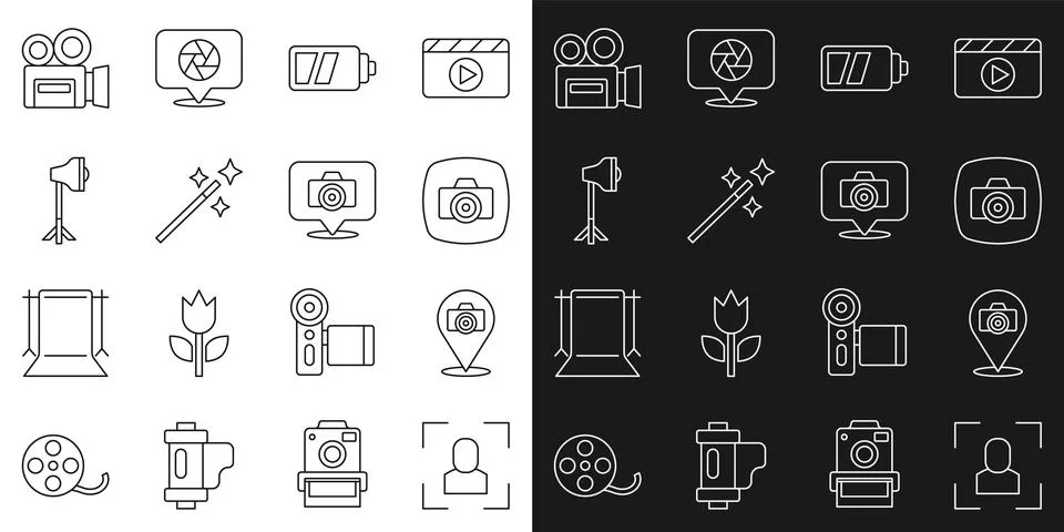 Set line Camera focus frame line, Photo camera, Battery for, retouching, Studio Stock-Illustration