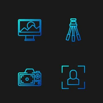 Set line Camera focus frame line, Photo camera, retouching and Tripod. Grad.. Stock Illustration