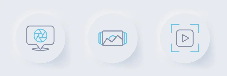 Set line Camera focus frame line, Photo and shutter icon. Vector イラスト素材