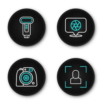 Set line Camera focus frame line, Photo camera, shutter and flash icon. Vecto Stock Illustration