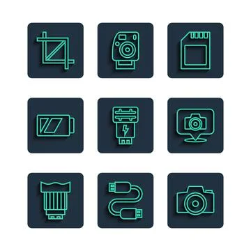 Set line Camera photo lens, USB cable cord, Photo camera, SD card, flash, Bat Stock Illustration