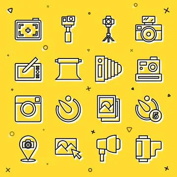 Set line Camera roll cartridge, timer, Photo camera, Softbox light, Empty photo 库存插图
