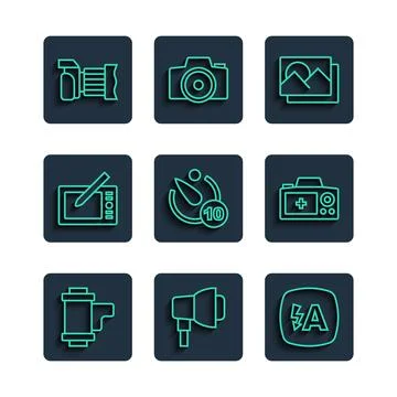 Set line Camera roll cartridge, Softbox light, Auto flash, Photo frame, timer Stock Illustration