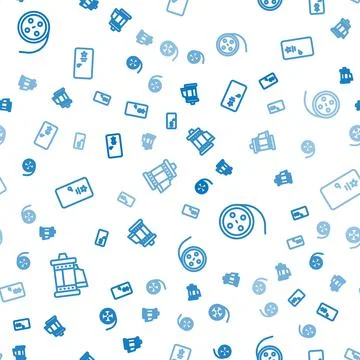 Set line Camera roll cartridge, Film reel and Backstage on seamless pattern.. Stock Illustration