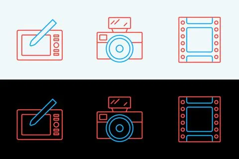 Set line Camera roll cartridge, Graphic tablet and Photo camera with flash .. Stock Illustration