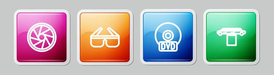 Set line Camera shutter, 3D cinema glasses, CD or DVD disk and Limousine ca.. Stock Illustration
