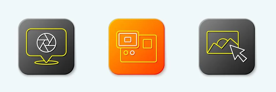 Set line Camera shutter, Action extreme camera and Photo retouching icon. V.. Illustrazione stock