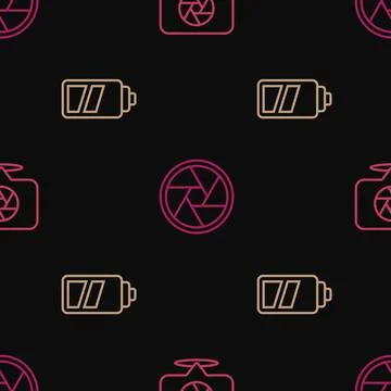 Set line Camera shutter, Battery for camera and on seamless pattern. Vector 스톡 일러스트
