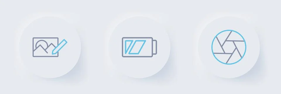 Set line Camera shutter, Battery for camera and Photo retouching icon. Vector Stockillustratie