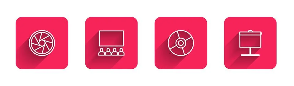 Set line Camera shutter, Cinema auditorium with screen, CD DVD disk and Proje Stock Illustration