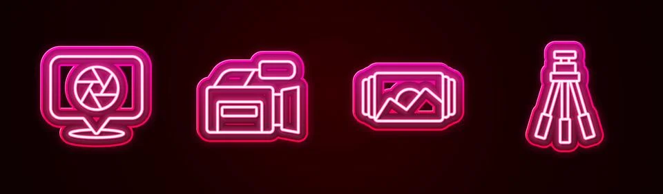 Set line Camera shutter, Cinema camera, Photo frame and Tripod. Glowing neo.. Stock-Illustration