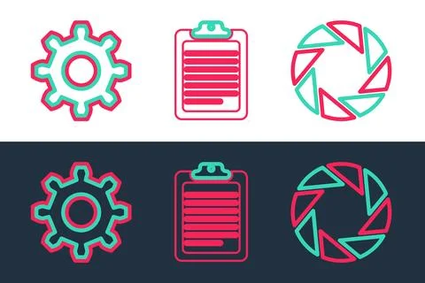 Set line Camera shutter, Cogwheel gear settings and Clipboard with document icon イラスト素材