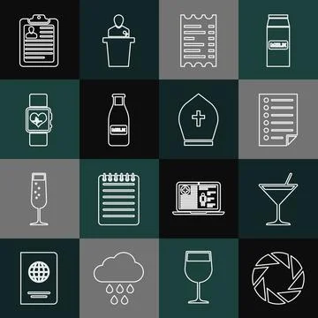 Set line Camera shutter, Martini glass, Document, Paper or financial check Stockillustratie