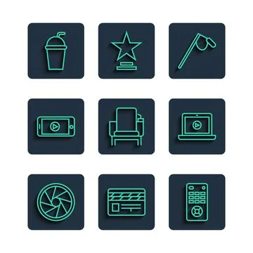 Set line Camera shutter, Movie clapper, Remote control, Microphone, Cinema chair Stock Illustration