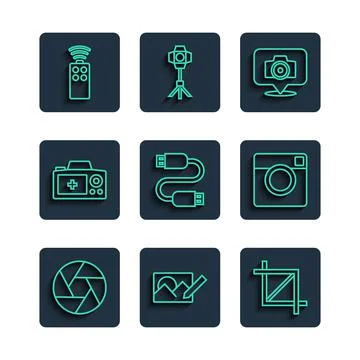 Set line Camera shutter, Photo retouching, Picture crop photo, camera, USB cable Stock Illustration