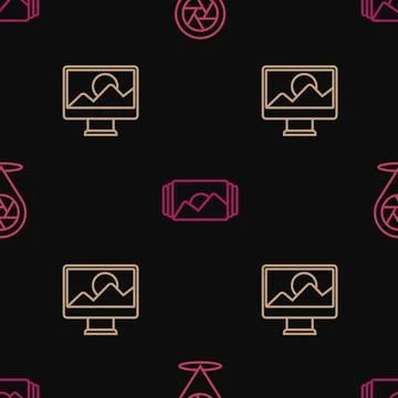 Set line Camera shutter, Photo retouching and frame on seamless pattern. Vect Illustrazione stock