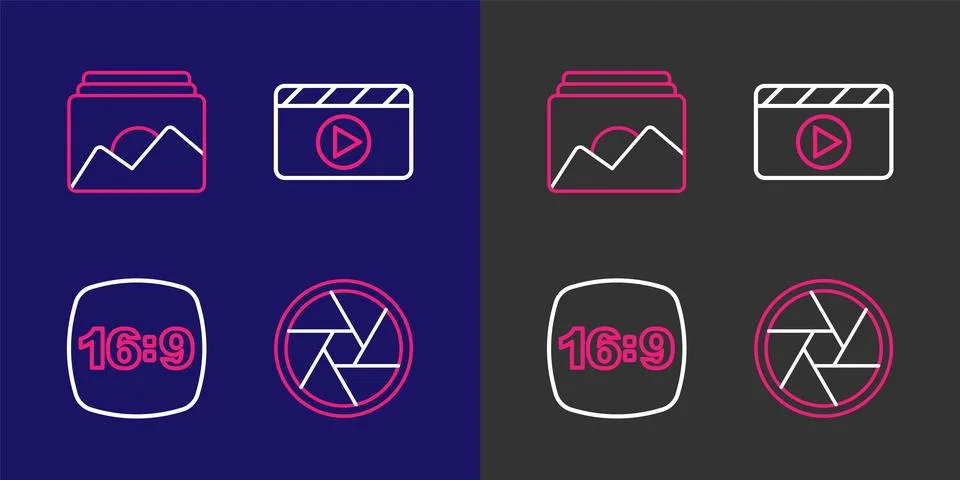 Set line Camera shutter, Photo frame 16, Movie clapper and  icon. Vector Stock Illustration