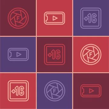 Set line Camera shutter, Plus 16 movie and Online play video icon. Vector Stockillustratie