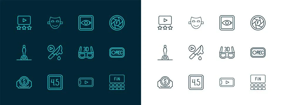 Set line Camera shutter, Rating movie, 3D cinema glasses, Online play video.. Illustrazione stock