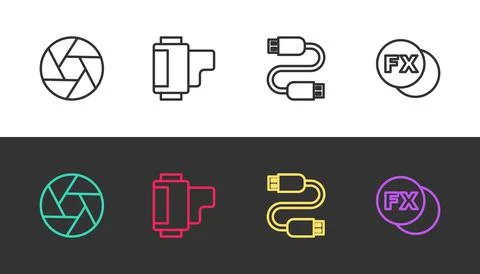 Set line Camera shutter, roll cartridge, USB cable cord and Photo camera fx on Illustrazione stock