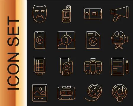 Set line Camera shutter, Scenario, Retro cinema camera, Photo and video shooting Illustrazione stock