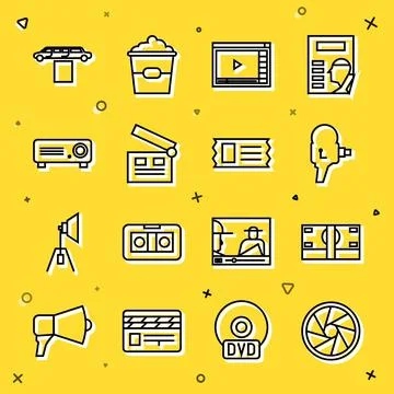 Set line Camera shutter, Stacks paper money cash, Retro cinema camera, Online Stock Illustration