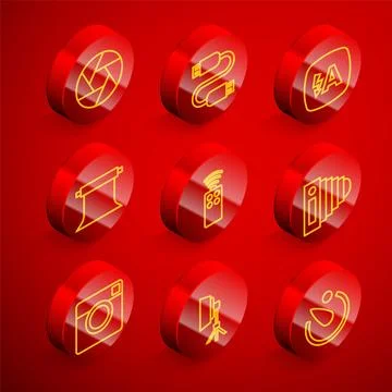 Set line Camera shutter, USB cable cord, Auto flash, Empty photo studio, Remote Stock Illustration