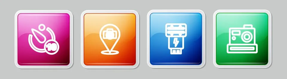 Set line Camera timer, Photo camera, flash and . Colorful square button. Vect Illustrazione stock