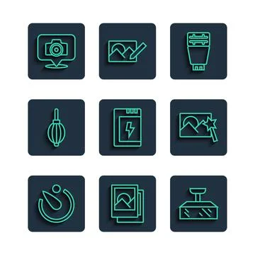 Set line Camera timer, Photo frame, Softbox light, camera flash, Battery for Stock Illustration
