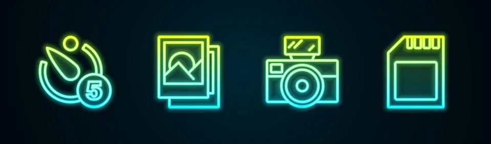 Set line Camera timer, Photo frame, camera with flash and SD card. Glowing .. Stock Illustration