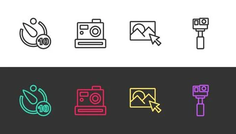 Set line Camera timer, Photo camera, retouching and Action on black and whi.. Stock Illustration