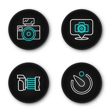 Set line Camera timer, Photo camera,  and with flash icon. Vector 库存插图