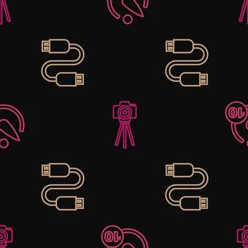 Set line Camera timer, USB cable cord and Photo camera on seamless pattern Illustrazione stock