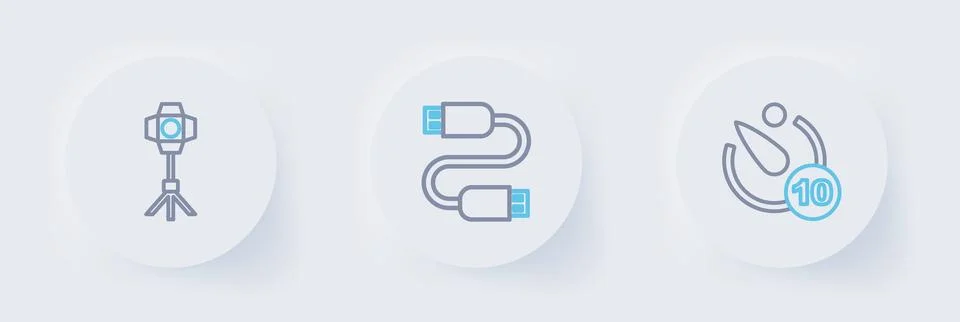 Set line Camera timer, USB cable cord and Softbox light icon. Vector Illustrazione stock