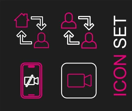 Set line Camera, Video camera Off on mobile, Project team base and Online w.. Stock Illustration