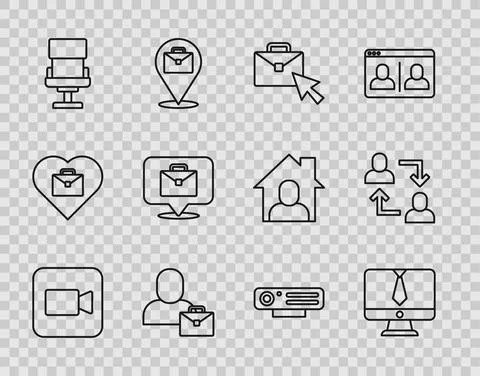 Set line Camera, Video chat conference, Online working, Freelancer, Office chair Stock Illustration