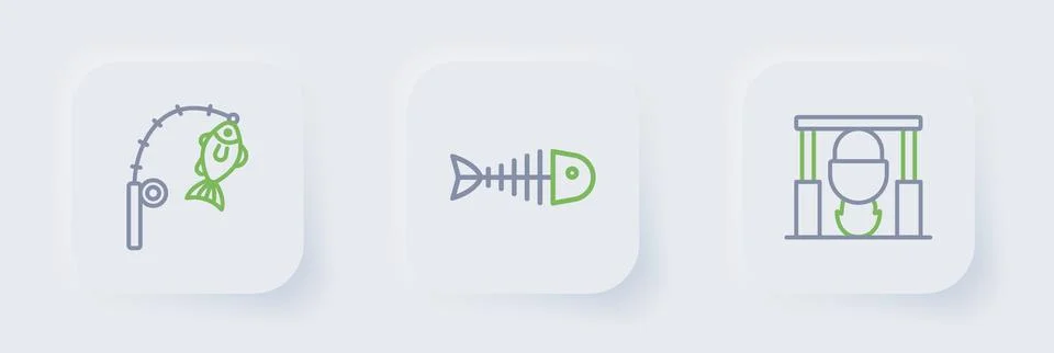 Set line Campfire and pot, Fish skeleton and Fishing rod fish icon. Vector Illustration