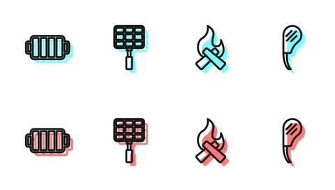 Set line Campfire, Barbecue grill, steel grid and Rib eye steak icon. Vector Stock Illustration