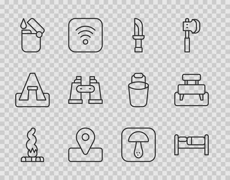 Set line Campfire, Bed, Knife, Location for camping, Lighter, Binoculars, M.. Illustration