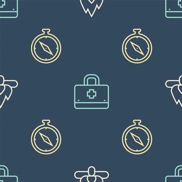 Set line Campfire, Compass and First aid kit on seamless pattern. Vector Stock Illustration